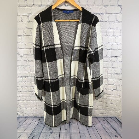 APT 9 Black Cream Buffalo Plaid Open Front Casual Cozy Comfy Cardigan Sweater L - Picture 1 of 8